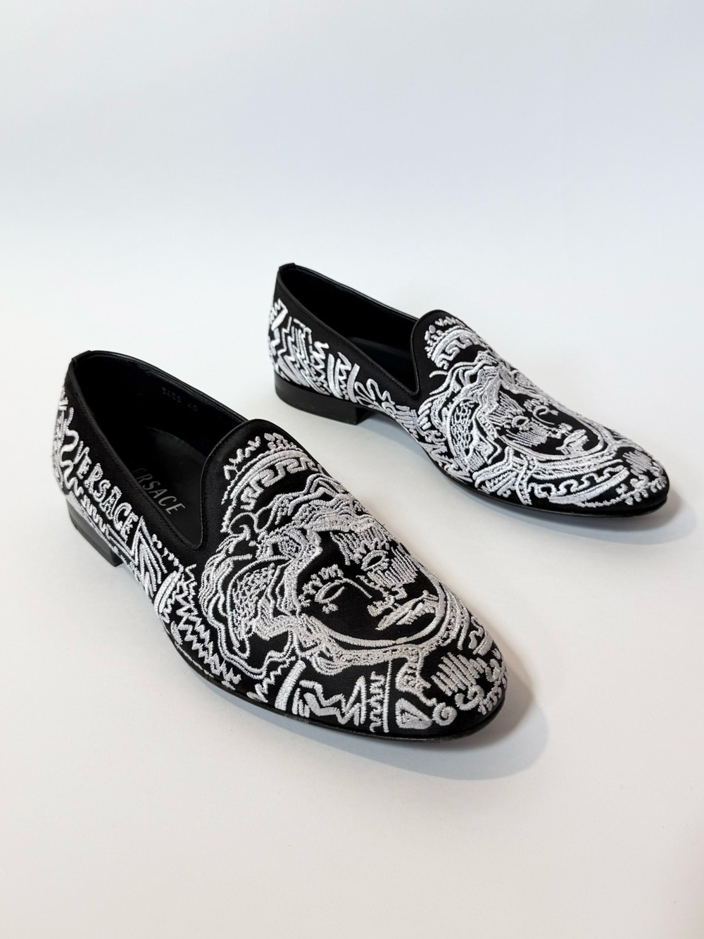 Versace Black & White Embroidered Slip-On Loafers for Men size 40.
